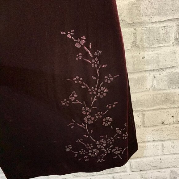 Vintage 90s Burgundy Velvet Floral Glitter Stretchy Sleeveless Sheath Dress - Picture 3 of 14